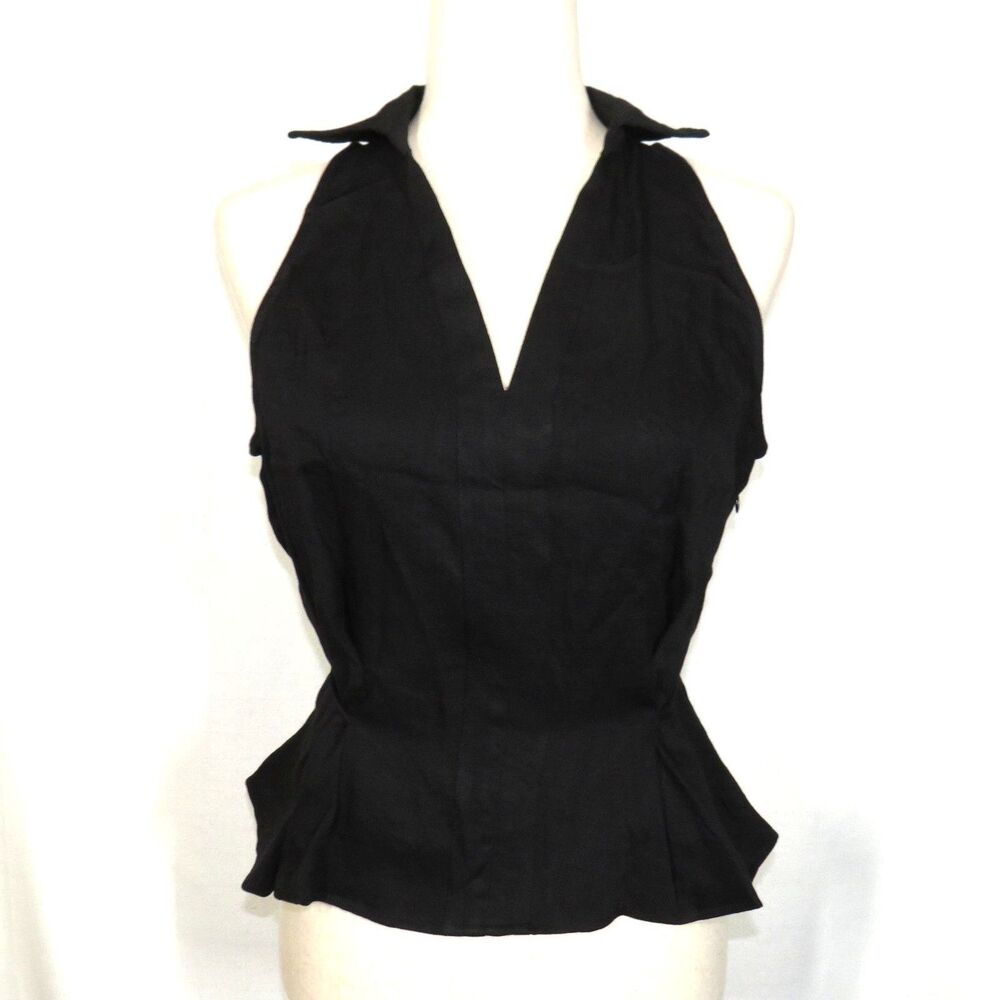 OGL Black Linen Blend Collared V Neck Sleeveless Tie Waist Top Size Small - Picture 6 of 12